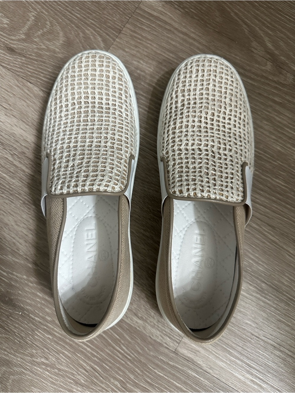 CHANEL Beige & White Woven Slip-On Moccasins
